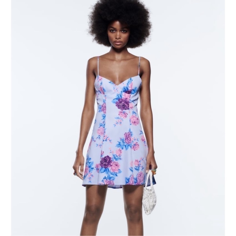 ZARA Lavender Floral V-neck Adjustable Straps mini dress size Small